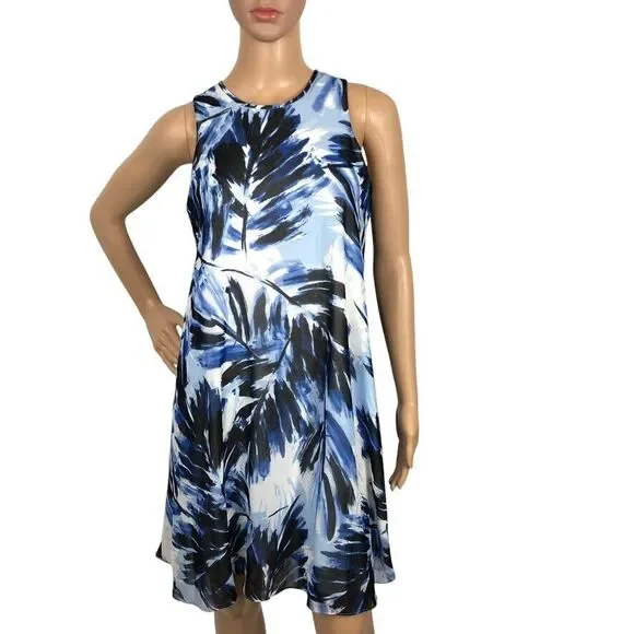 Calvin Klein Sleeveless Shift Mini Dress 6 Tropical Leaf Print Hawaiian Beach - Picture 1 of 7